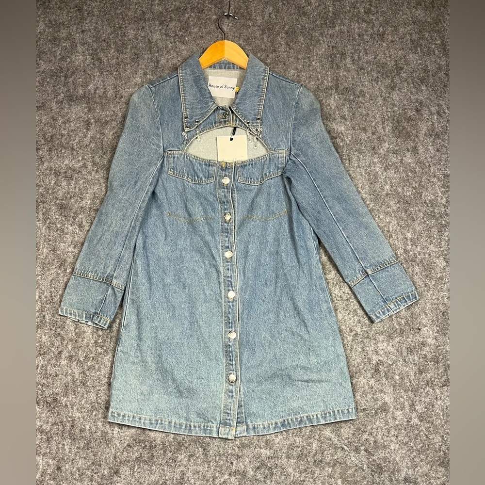 House of Sunny Light Blue Denim Button-Front Long Sleeve Dress Size 2